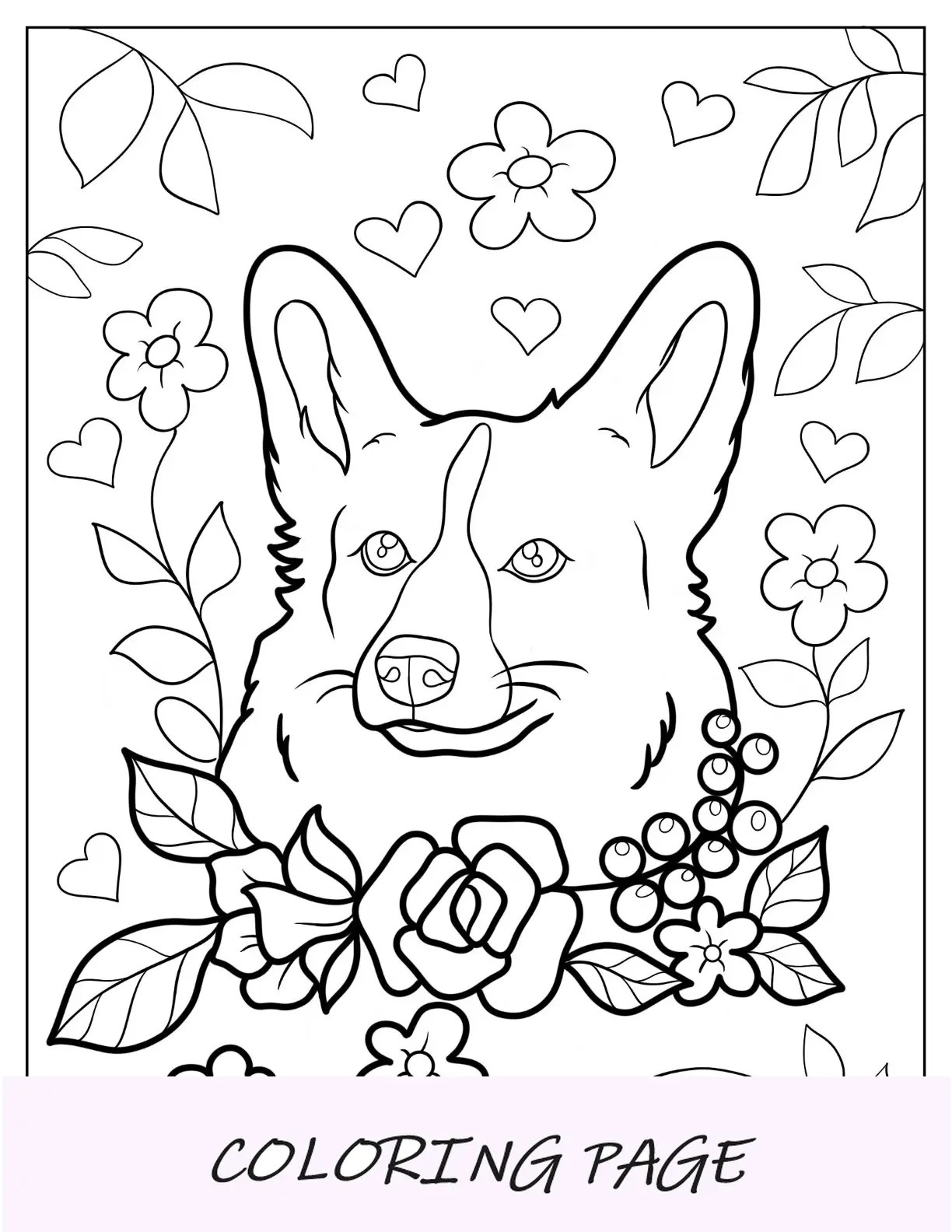Rosto de página para colorir Corgi cercado por flores