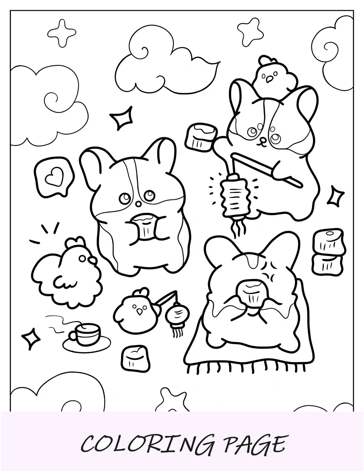 Desenho para colorir de Corgi de desenho animado nas nuvens tomando chá