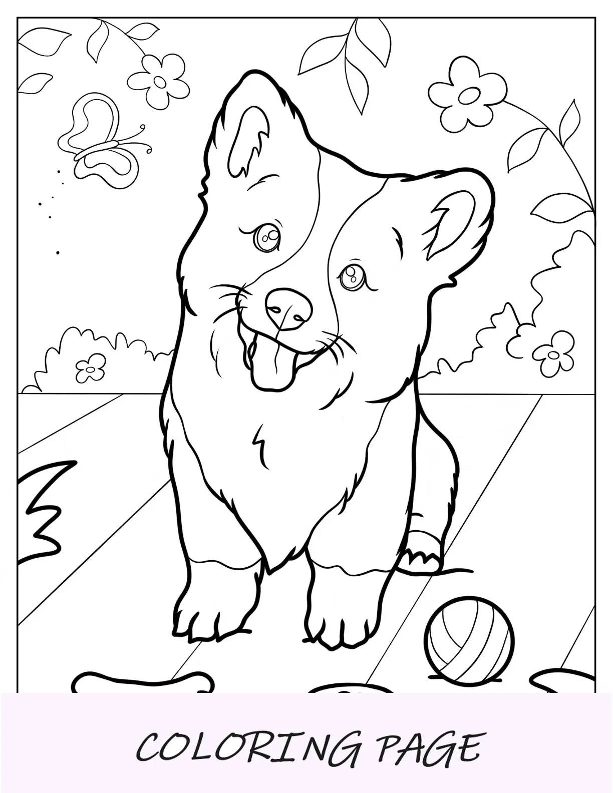Página para colorir Corgi realista sorrindo com a língua de fora