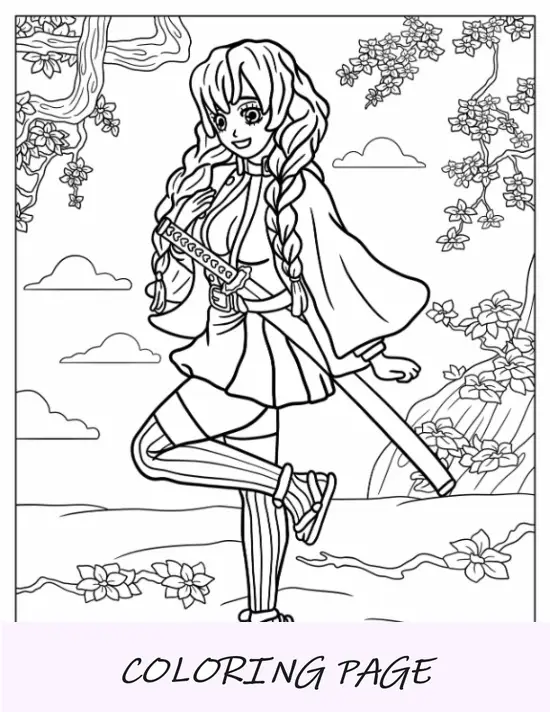 Página para colorir de Mitsuri Kanroji na floresta