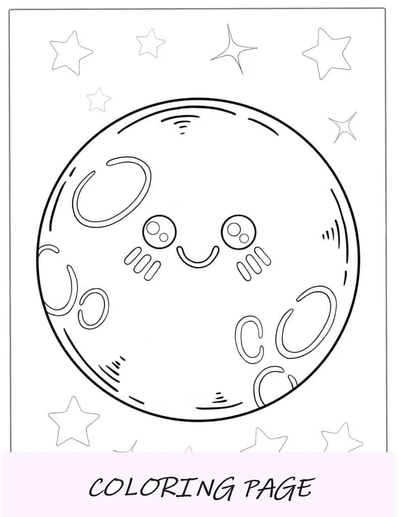 Página para colorir sorridente de lua cheia para crianças em idade pré-escolar