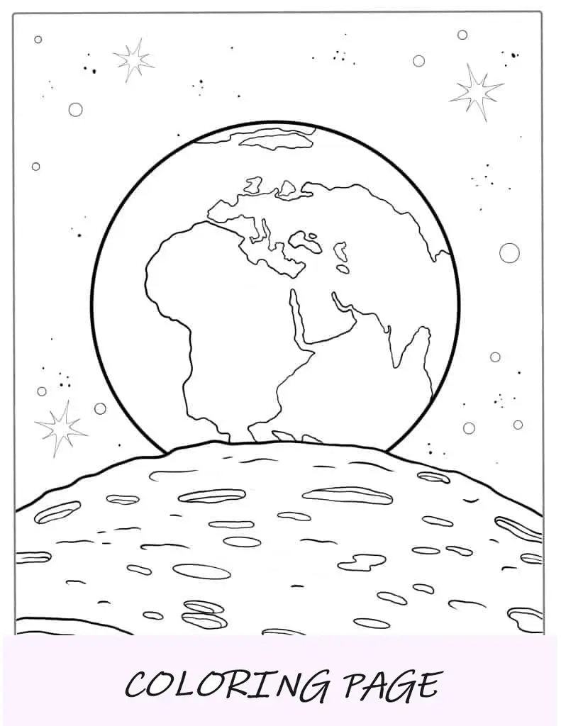 Folha para colorir da Terra nascendo sobre a lua