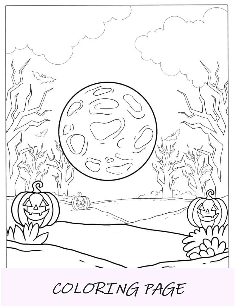 Lua cheia na floresta assustadora para o Halloween colorir