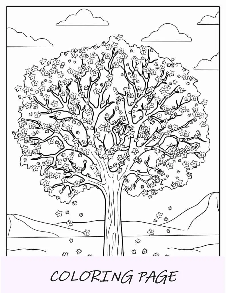 Árvore de primavera com flores desabrochando para colorir