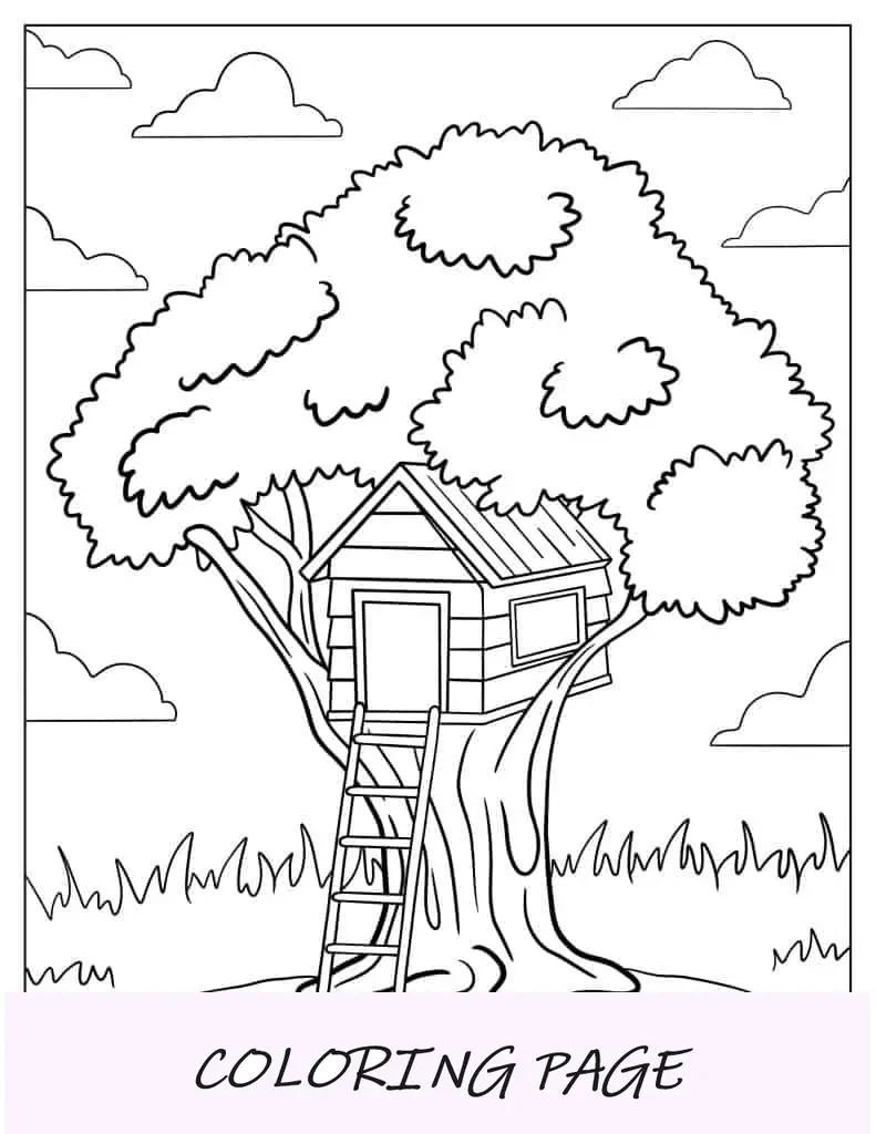 Página para colorir de casa na árvore para crianças