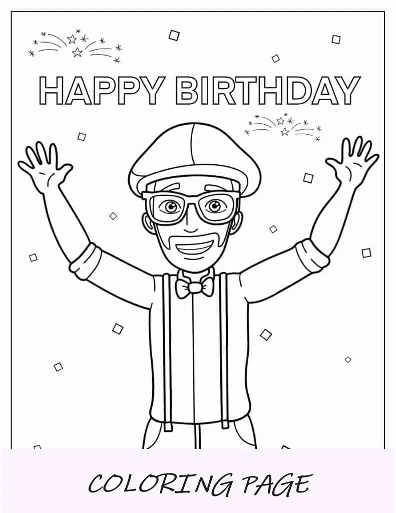Folha para colorir de feliz aniversário Blippi para crianças