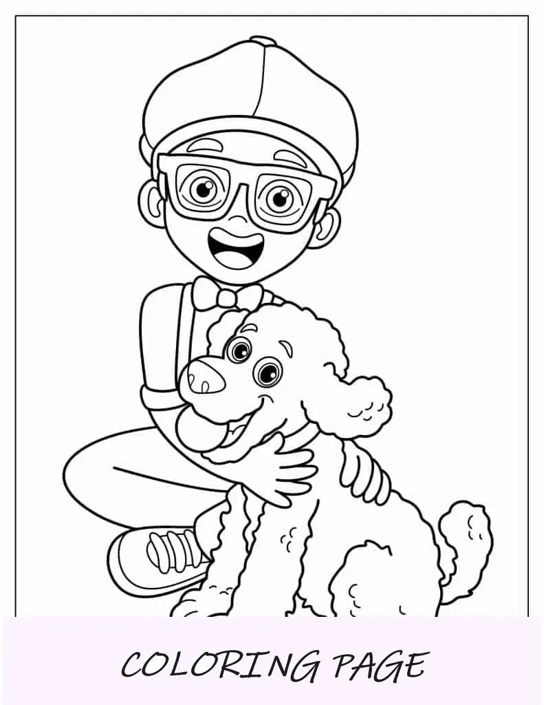 Jovem Blippi brincando com um cachorro para colorir
