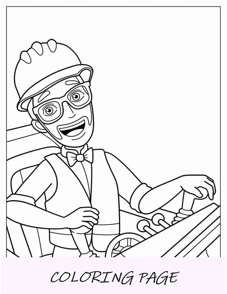 Página para colorir de Blippi montando uma escavadeira