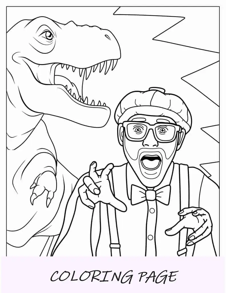Blippi sendo perseguido por dinossauro para colorir