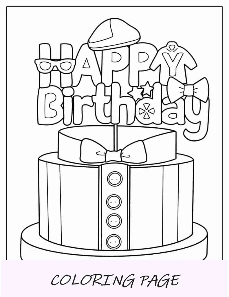Página para colorir de bolo de feliz aniversário Blippi