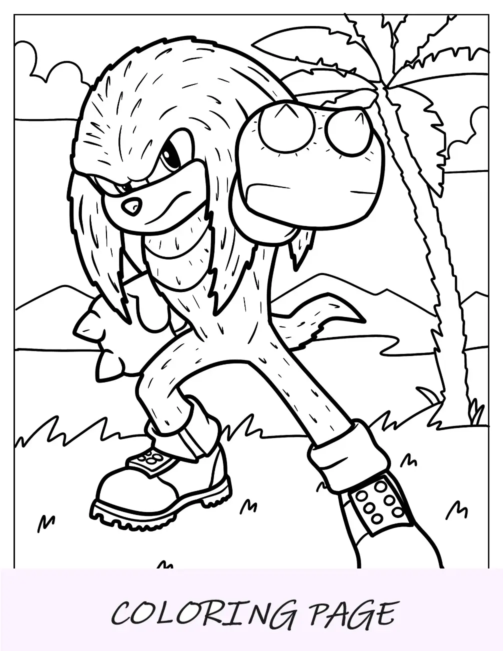 Página para colorir detalhada do Knuckles em pé na praia
