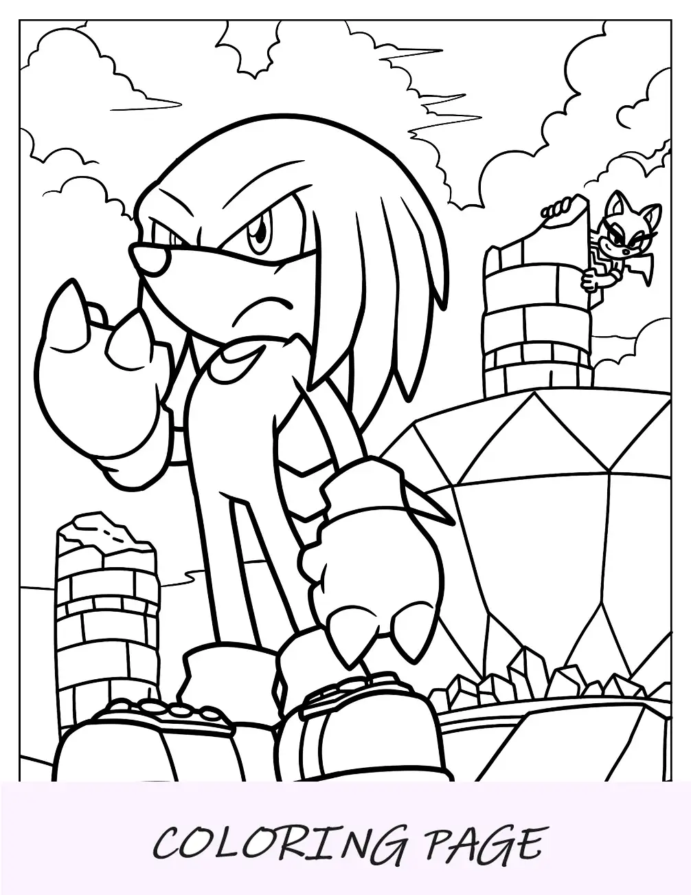Página para colorir Knuckles protegendo a esmeralda mestre com emaranhado na parte de trás