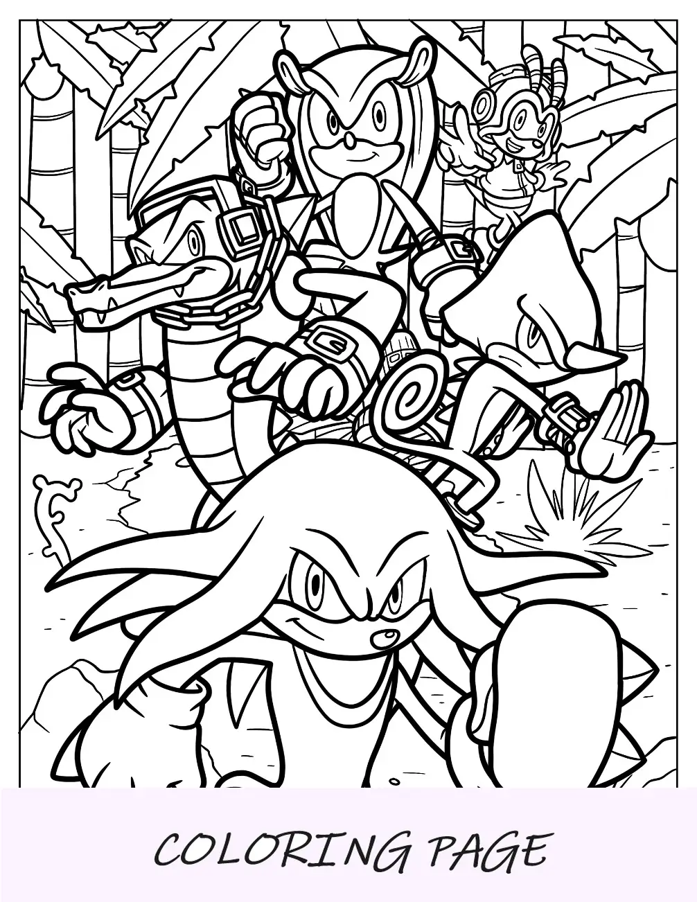 Página para colorir Knuckles com Vector, Mighty, Charmee Bee e Espio