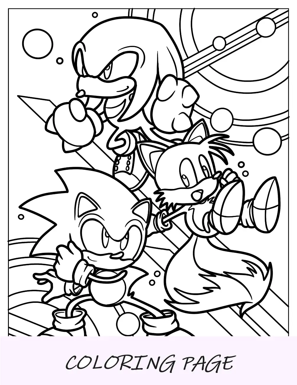 Página para colorir Knuckles com Sonic e Tails
