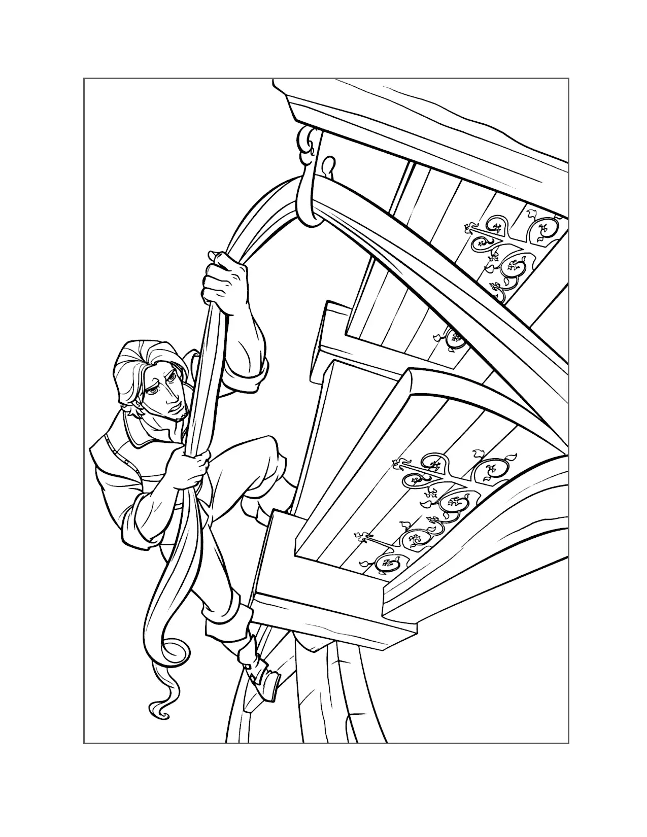 Flynn Climbs Rapunzels Hair Coloring Page