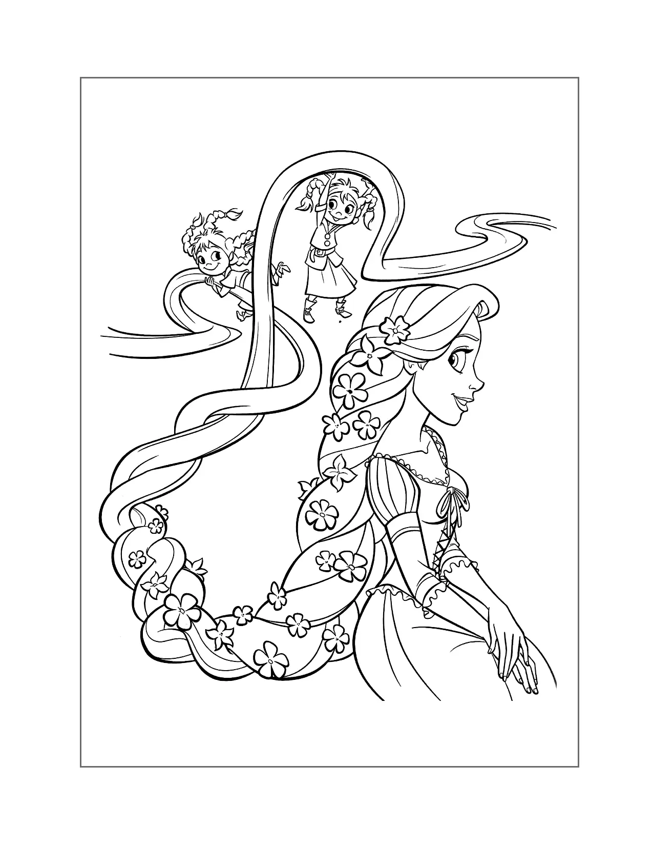 Girls Braiding Rapunzels Hair Coloring Page