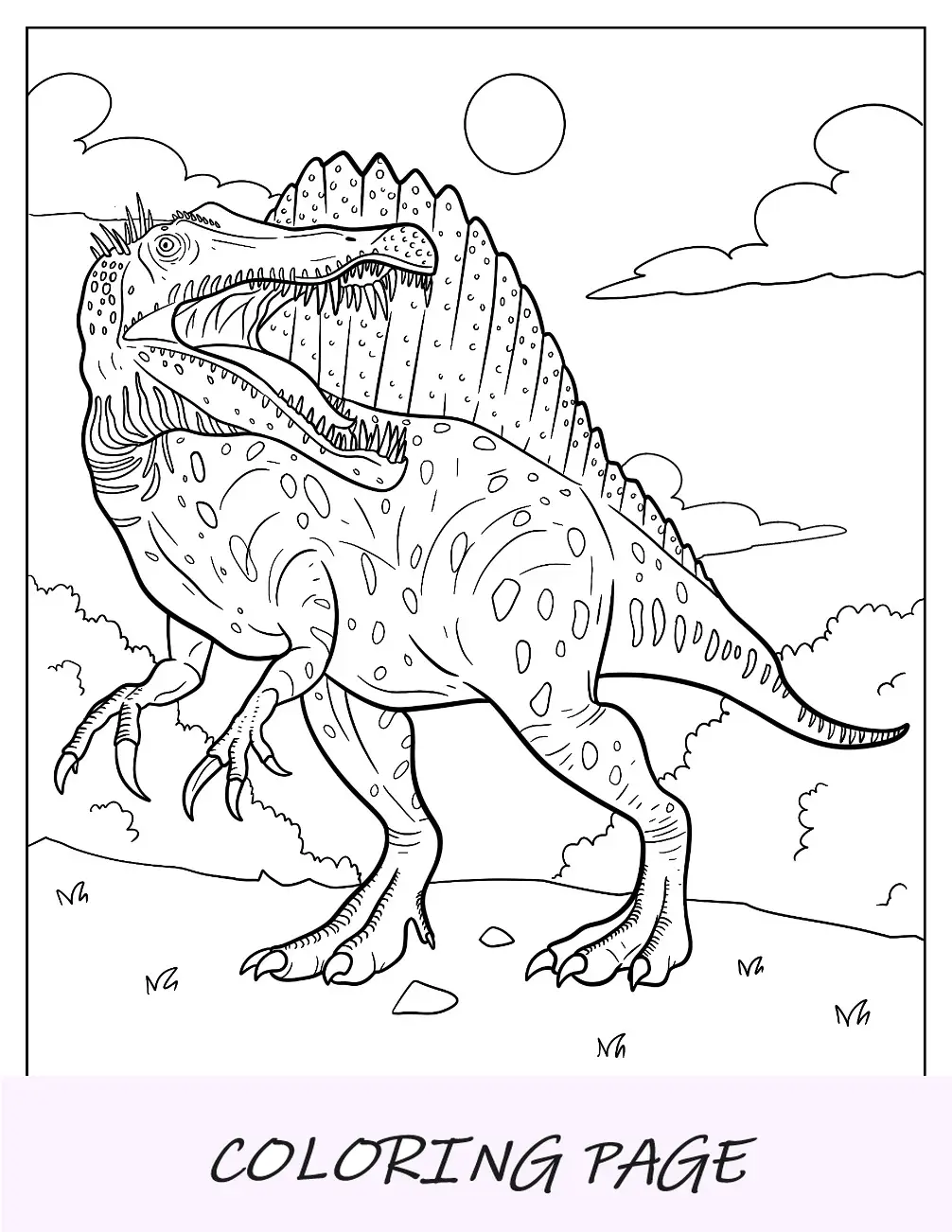 Página para colorear de Spinosaurus grande con columna detallada y dientes afilados