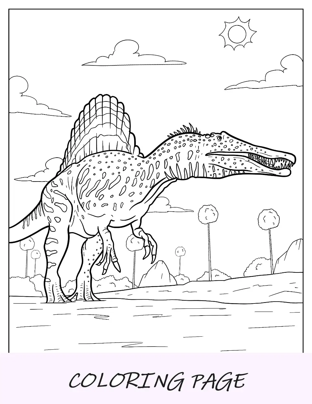 Página detallada para colorear de Spinosaurus de pie bajo el sol