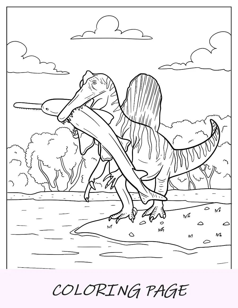 Dibujo para colorear de Spinosaurus capturando un delfín de río