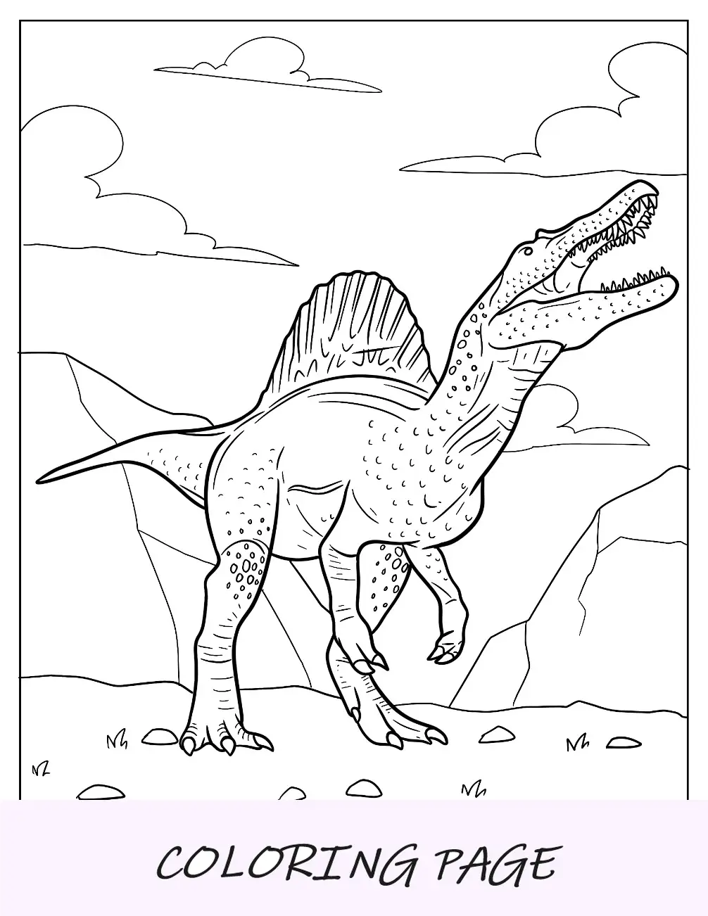 Página para colorear de Spinosaurus escamoso mirando hacia el cielo
