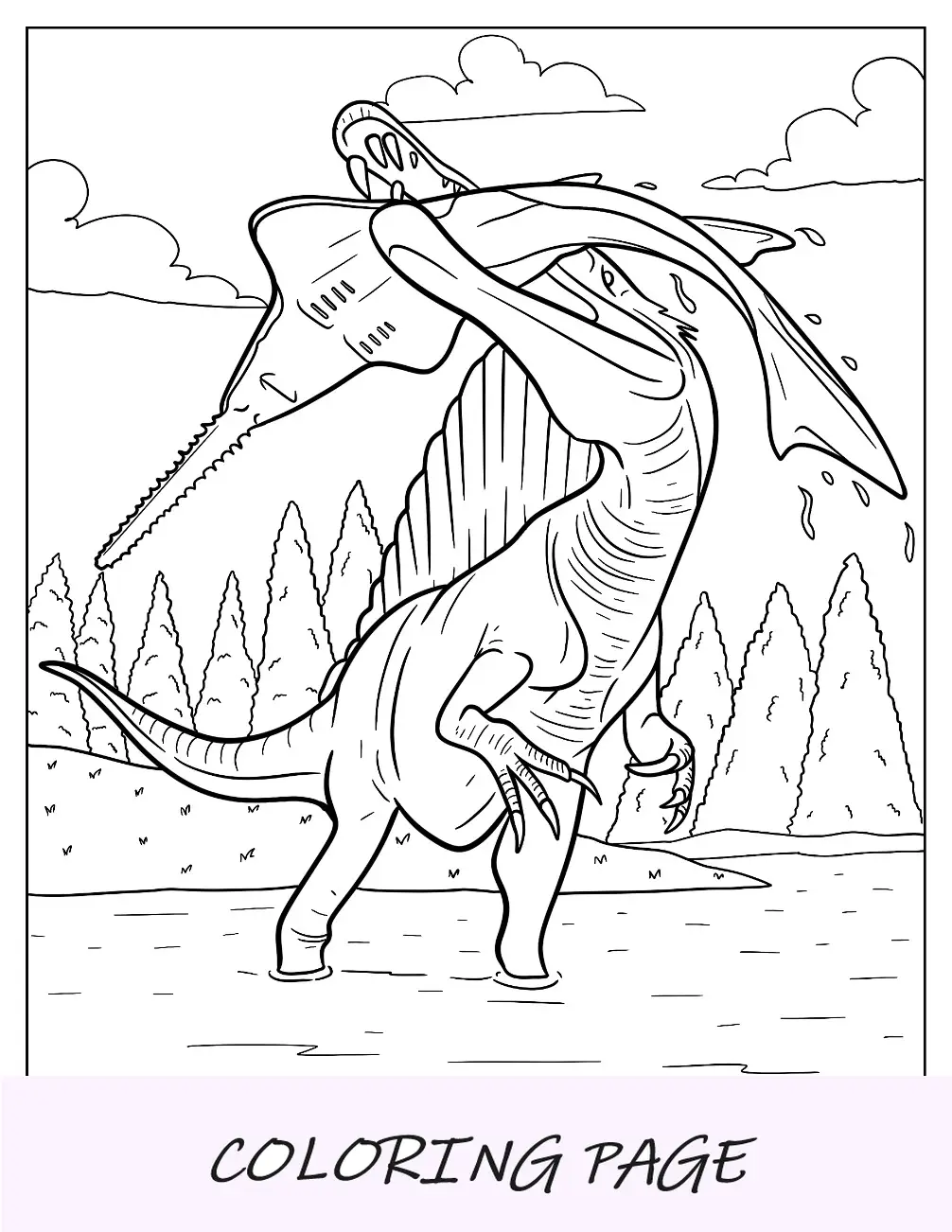 Dibujo para colorear Spinosaurus mordiendo un delfín de río