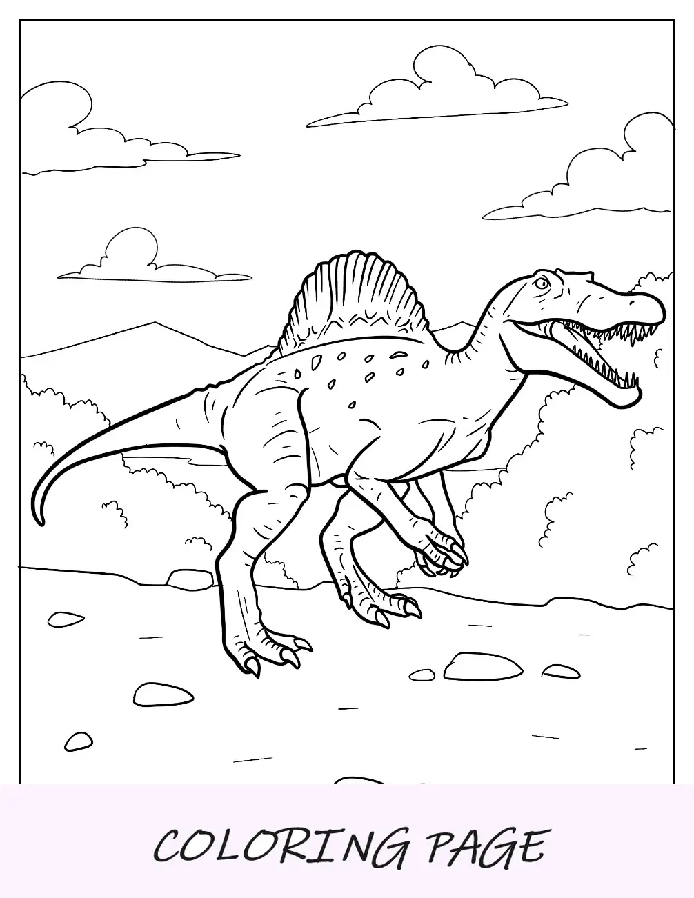 Página para colorear de Spinosaurus en las montañas