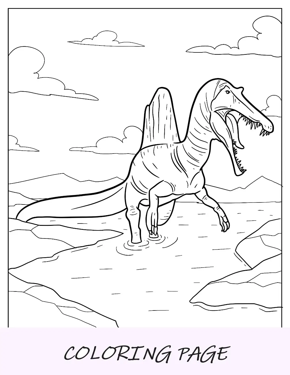 Página para colorear de Spinosaurus caminando por la orilla para niños