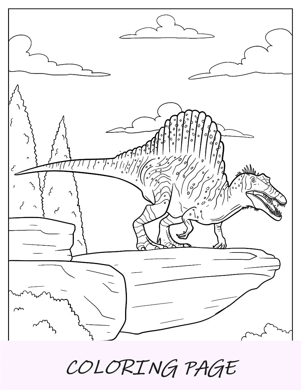 Dibujo para colorear de Spinosaurus parado al borde de un acantilado