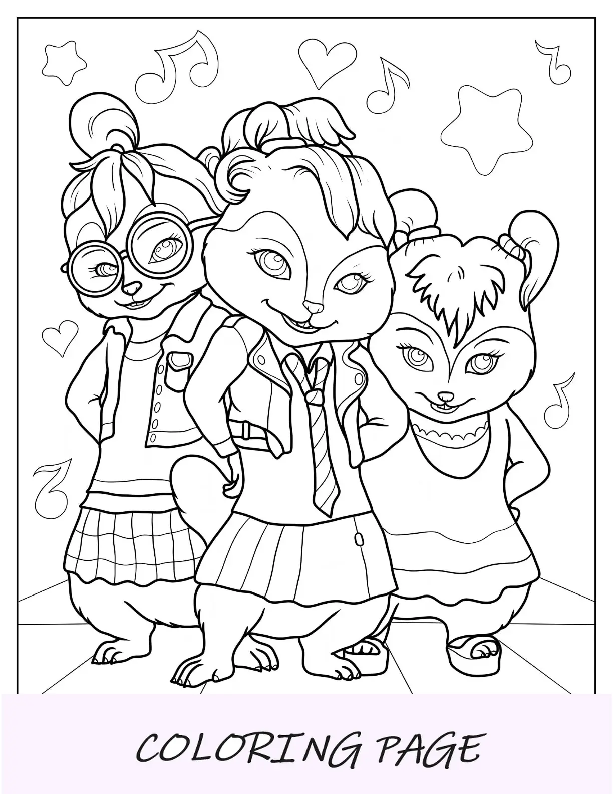 Página para colorear de Alvin y las Ardillas de Brittany, Jeanette y Eleanor en el escenario