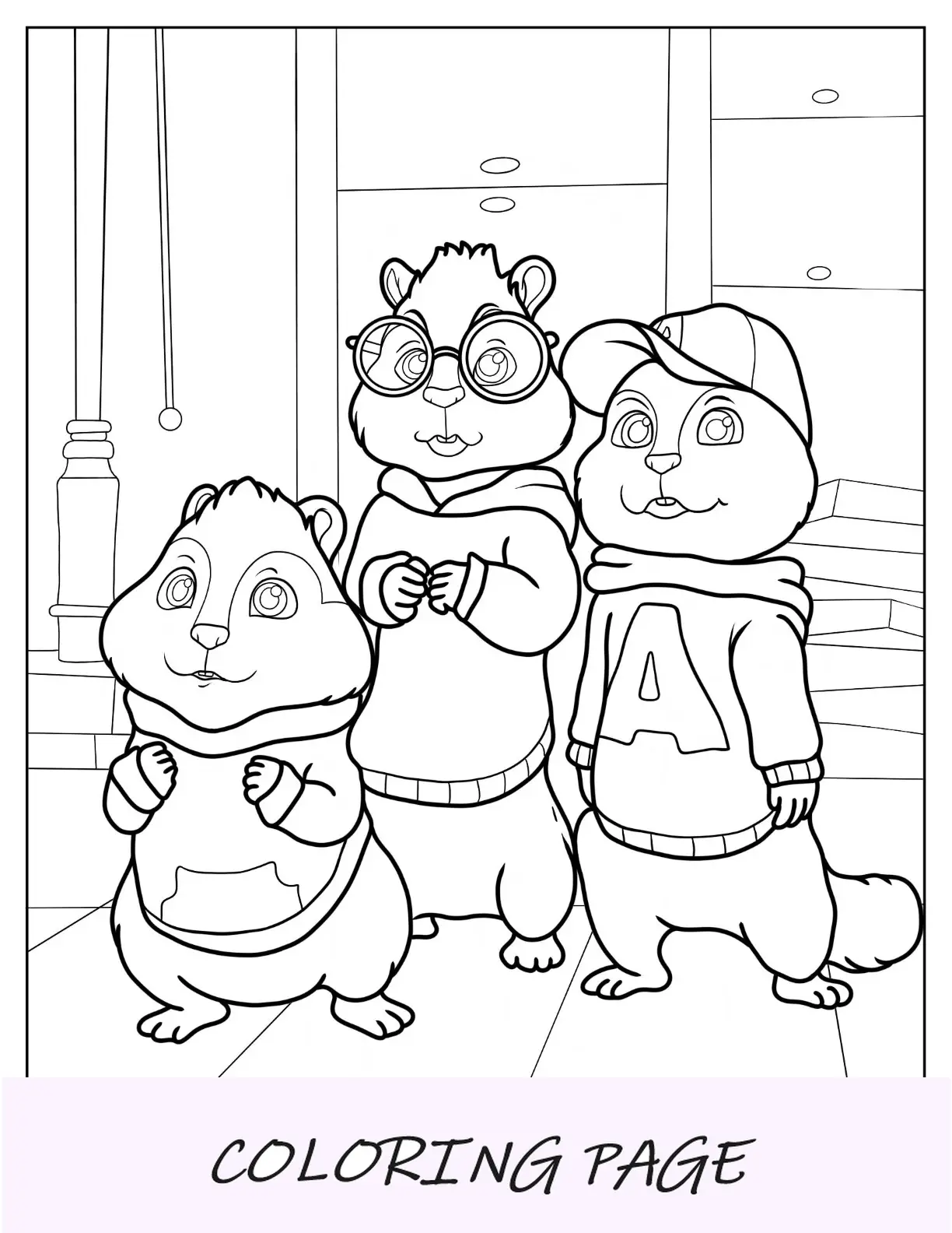 Dibujo para colorear de Alvin y las ardillas de pie en su casa