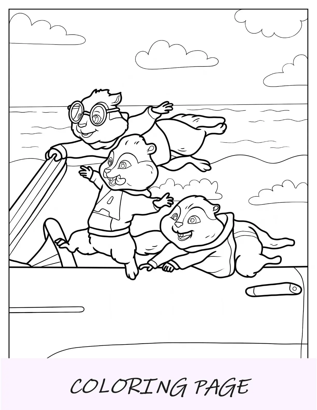 Dibujo para colorear de Alvin y las ardillas de montar en coche por la playa