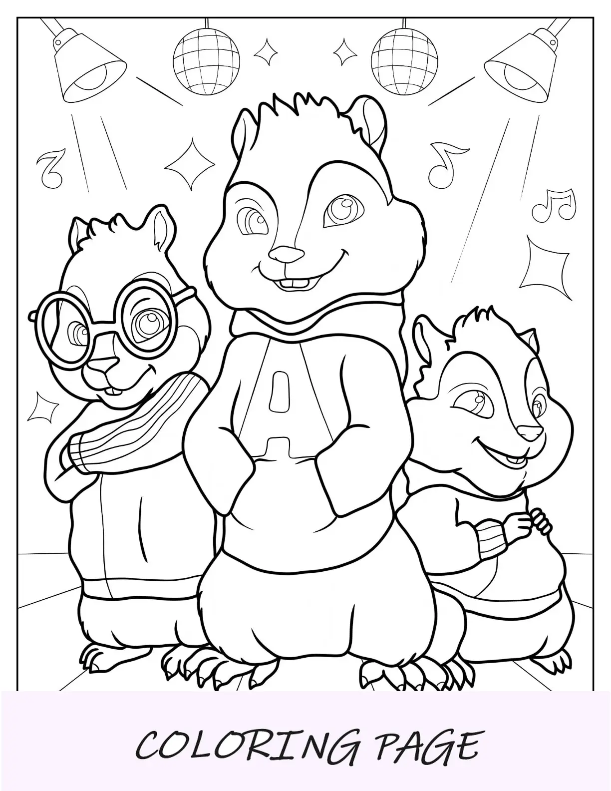 Dibujo para colorear de Alvin y las ardillas en el escenario