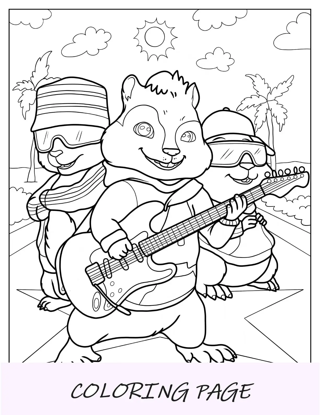 Dibujo para colorear de Alvin y las ardillas con gafas de sol y guitarra eléctrica