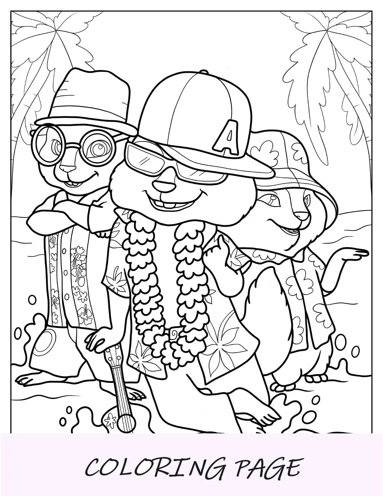 Dibujo para colorear de Alvin y las ardillas en la playa
