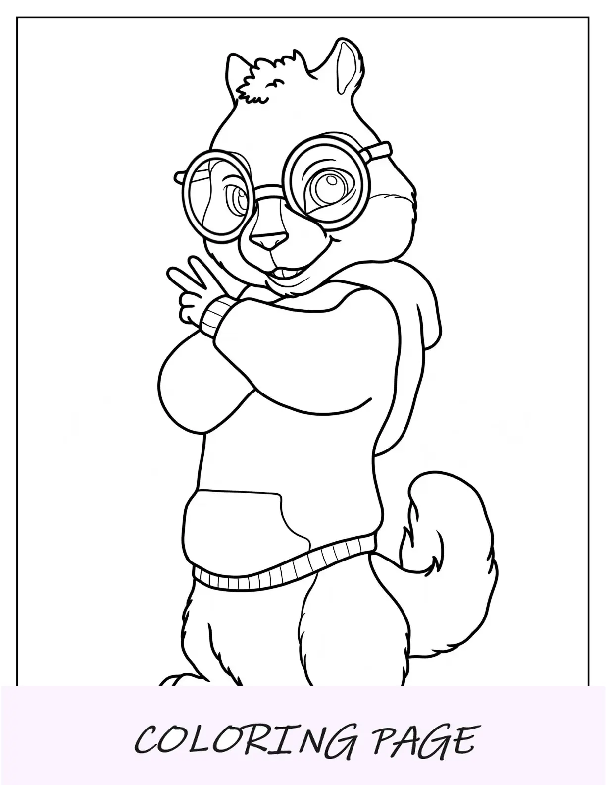 Página para colorear de Alvin y las Ardillas de Simon haciendo el signo de la paz con una sudadera con capucha