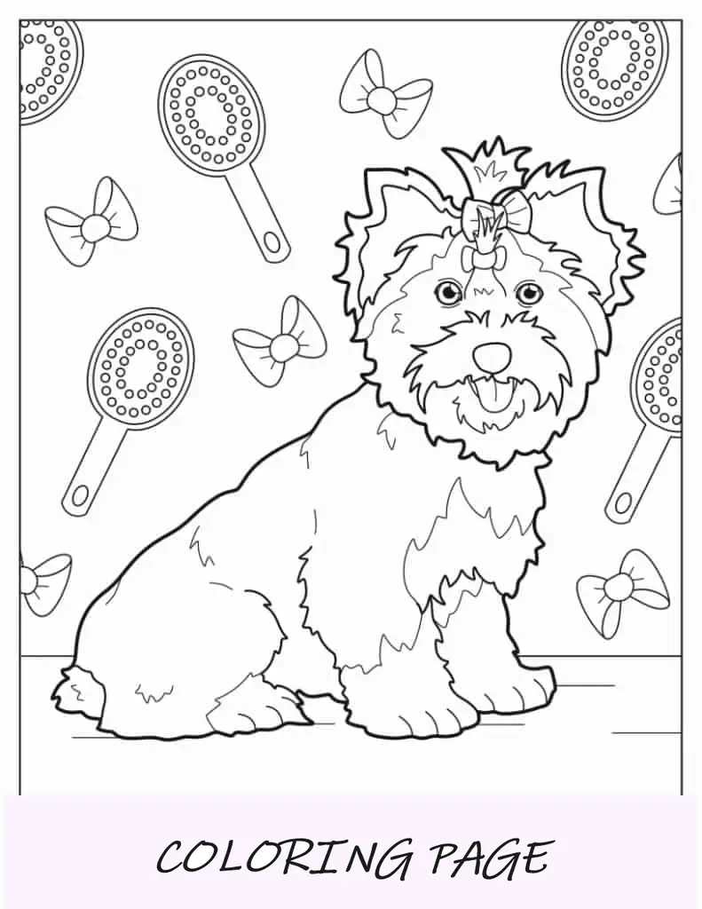 Kawaii Yorkshire Terrier com fita para colorir