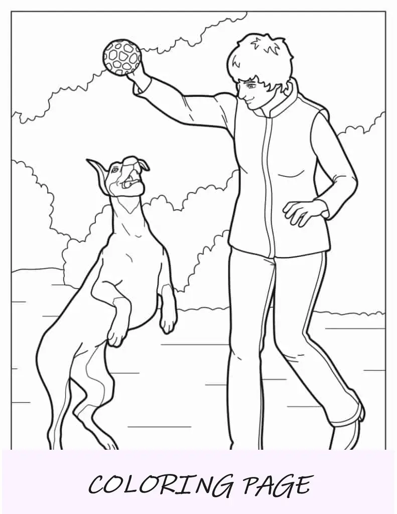 Folha para Colorir Mulher Brincando com Cachorro Grande no Parque