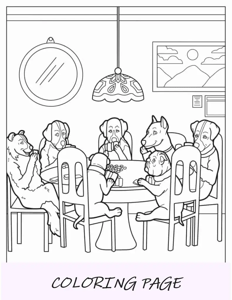 Desenho engraçado para colorir de cachorros jogando pôquer