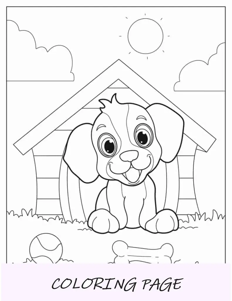 Folha para colorir de cachorrinho na frente da casinha de cachorro