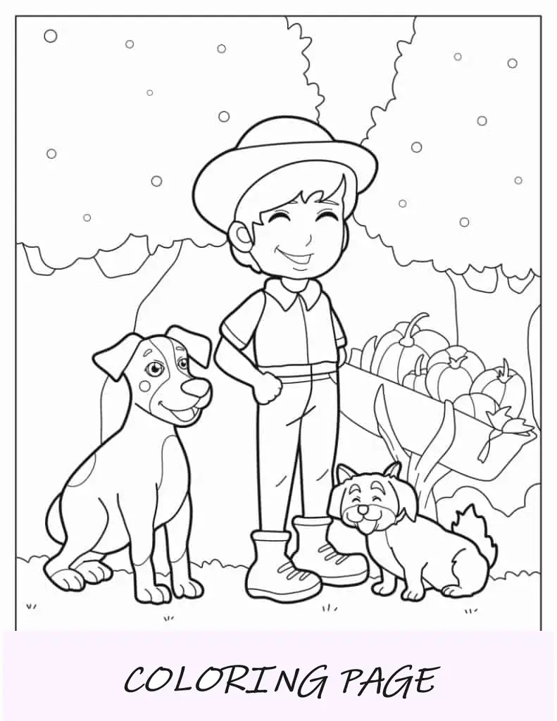 Menino fazendeiro com seus dois cachorros