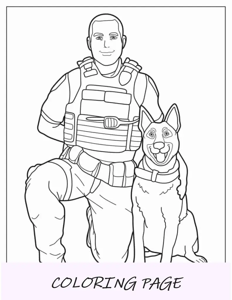 Folha para colorir de policial com cachorro K-9