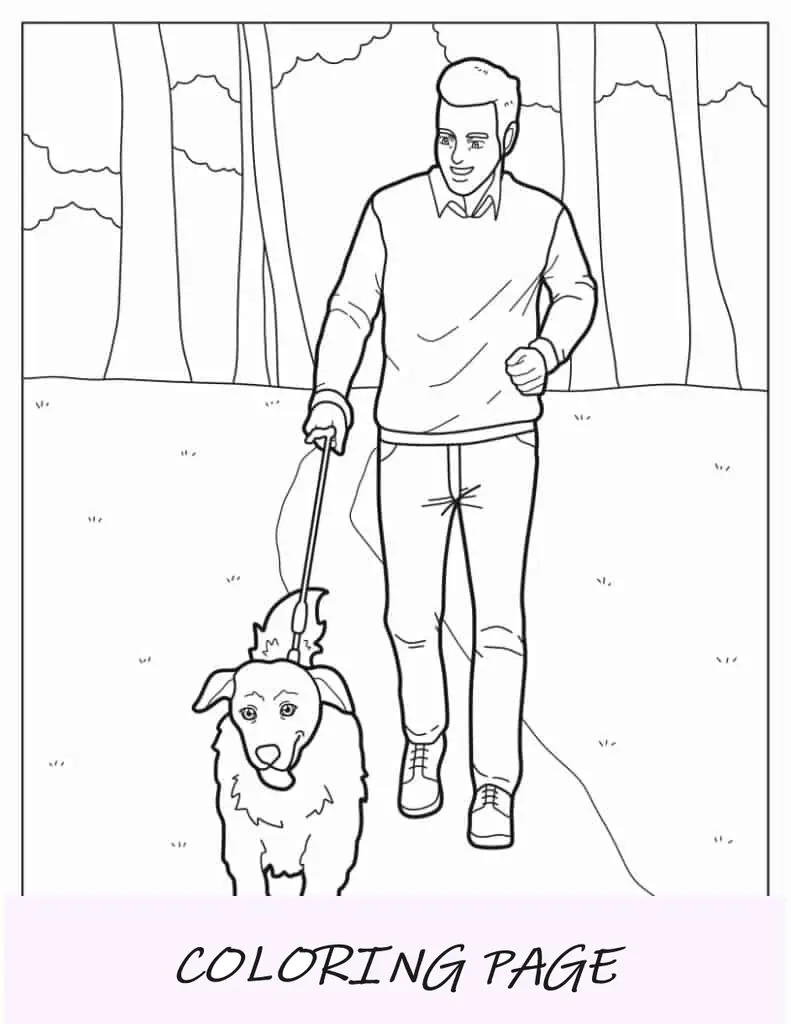 Folha para colorir de um homem passeando com seu cachorro no parque