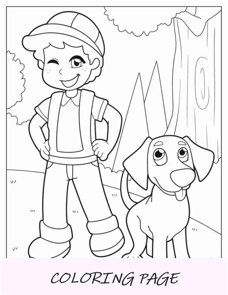 Desenho para colorir de menino com seu melhor amigo cachorro