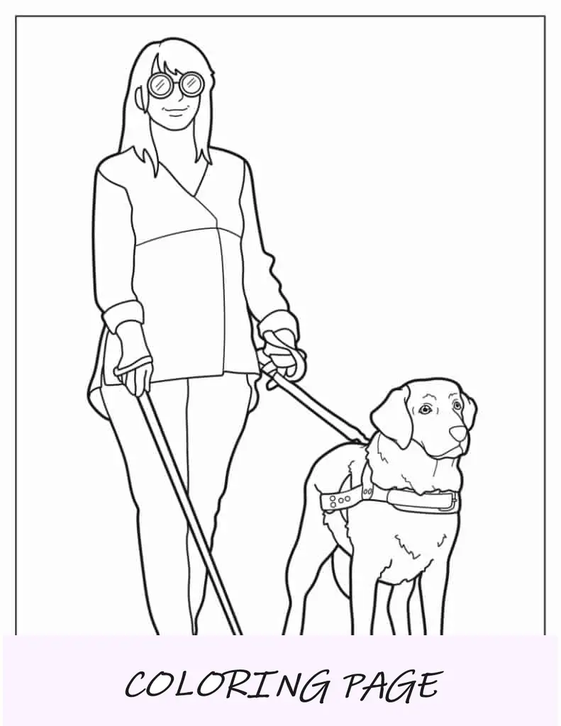 Mulher cega com seu cão de serviço para colorir