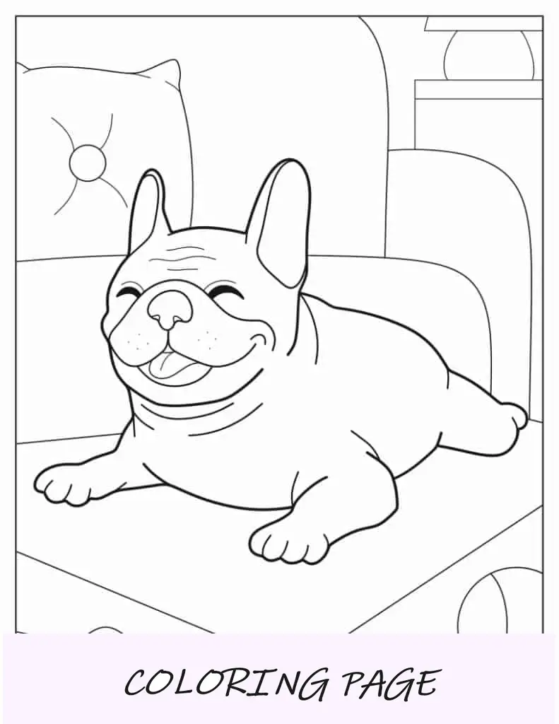 Buldogue francês sorridente no sofá para colorir
