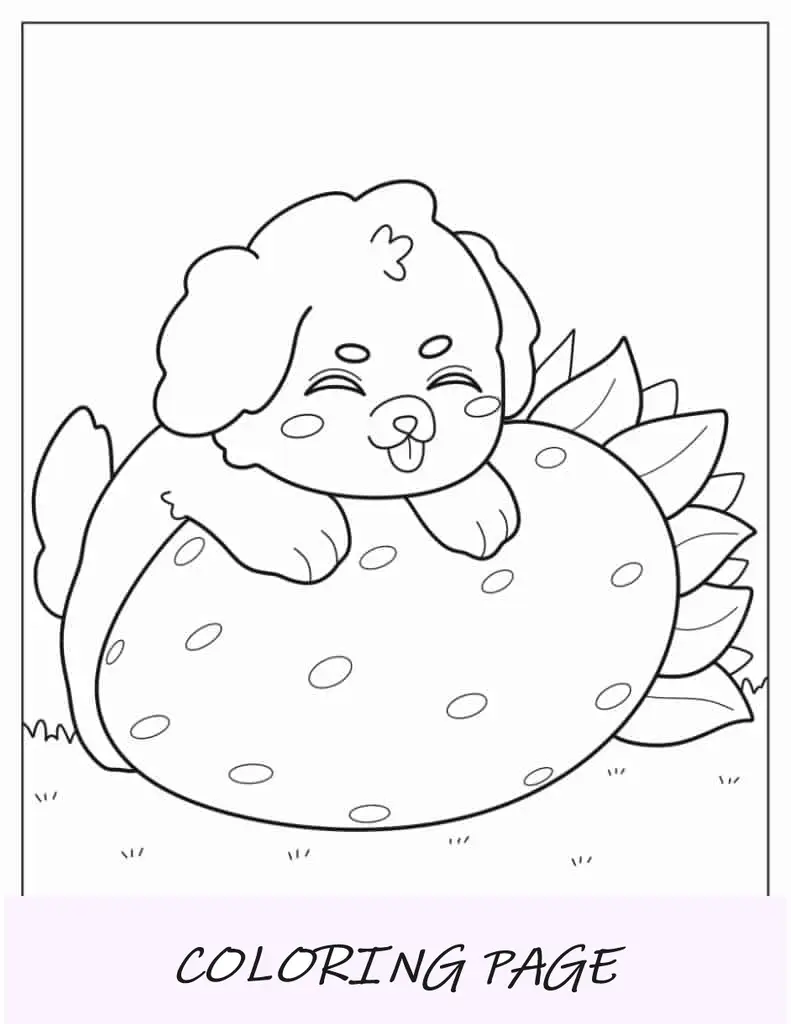 Página para colorir de cachorro Chibi fofo em morango