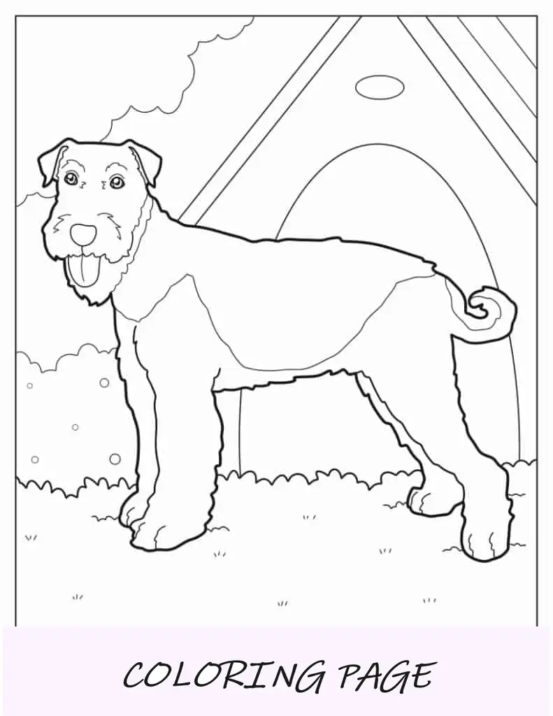 Página para colorir de Terrier na frente da casinha de cachorro