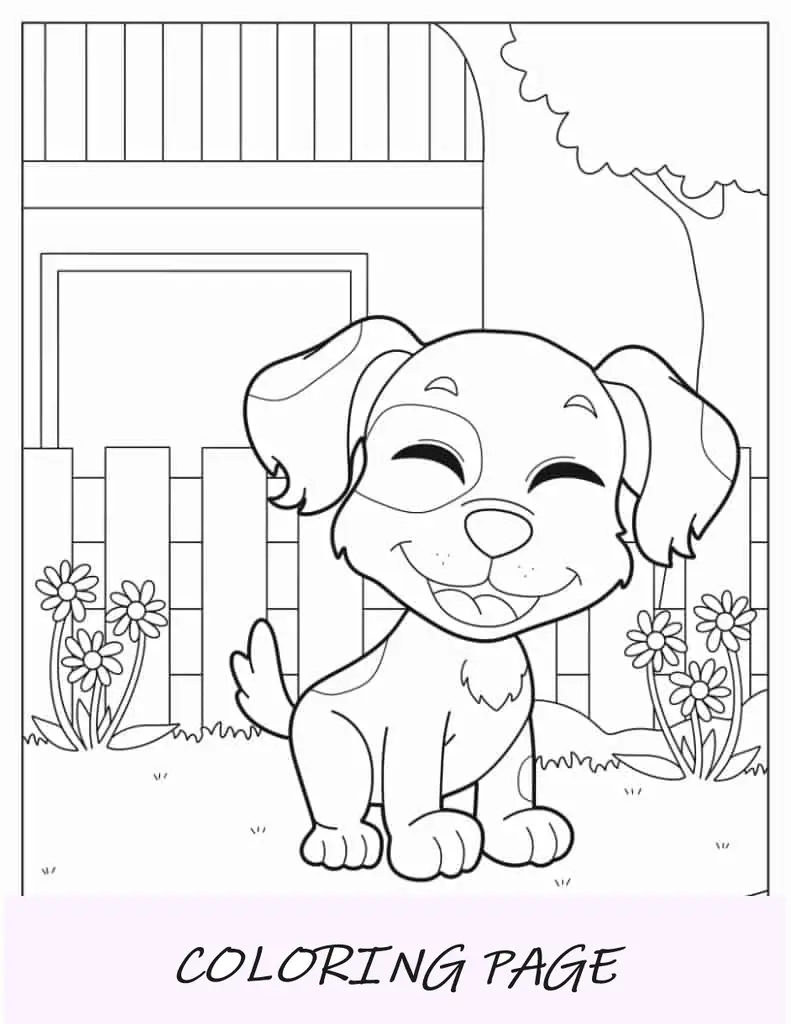 Cachorro de desenho animado Kawaii no quintal