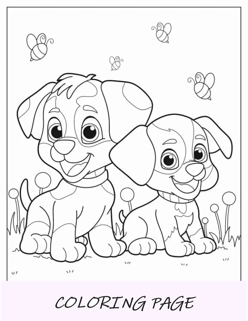 Página para colorir de cães de desenho animado no gramado
