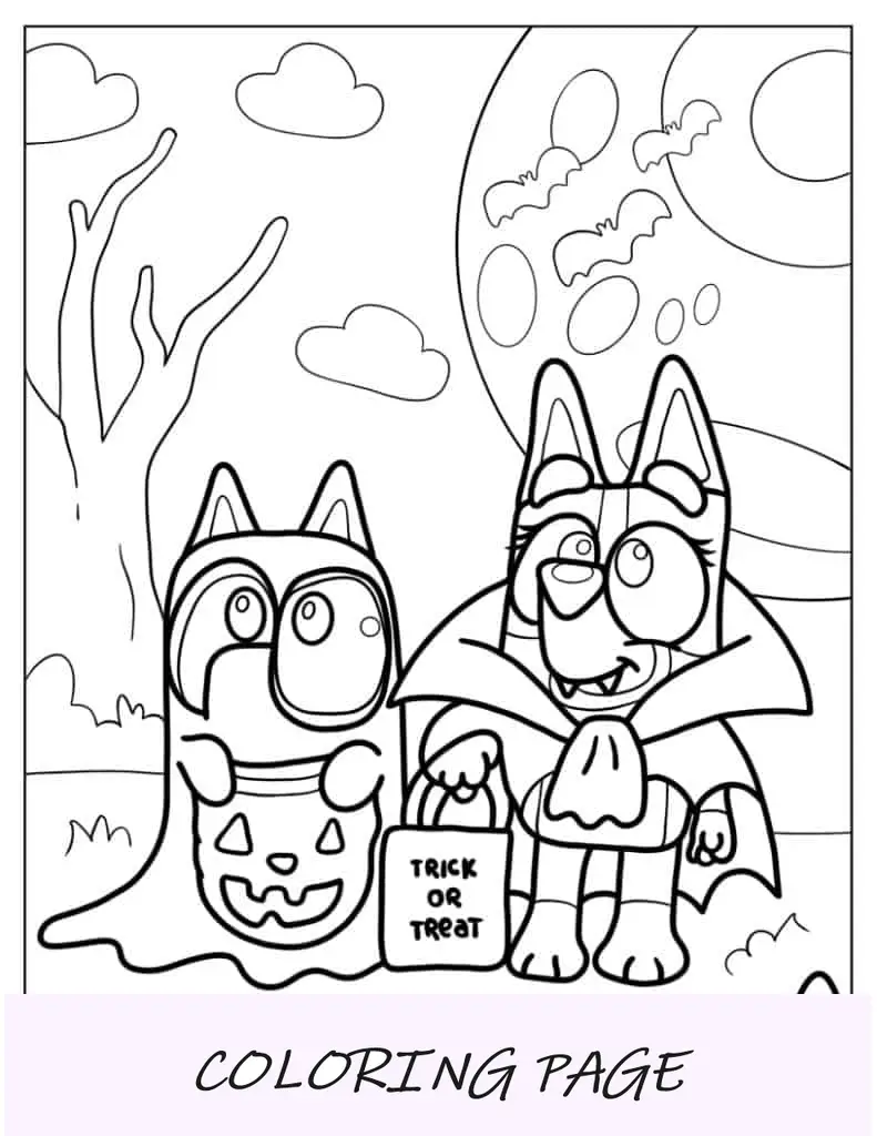 Página para colorir de Bluey e Bingo em fantasias de Halloween